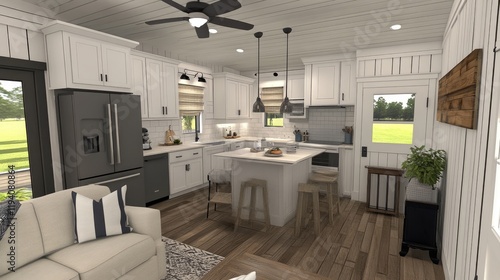 A modern kitchen seamlessly integrated into a cozy living room  with wooden flooring and neutral decor.
