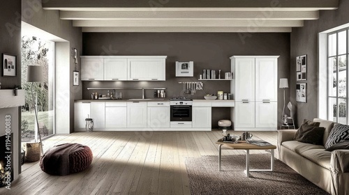 Wallpaper Mural A modern kitchen seamlessly integrated into a cozy living room, with wooden flooring and neutral decor. Torontodigital.ca