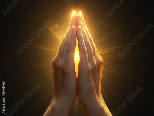 Image depicts hands clasped in prayer, bathed in a radiant golden light.  Symbol of faith, hope, and spiritual connection. photo