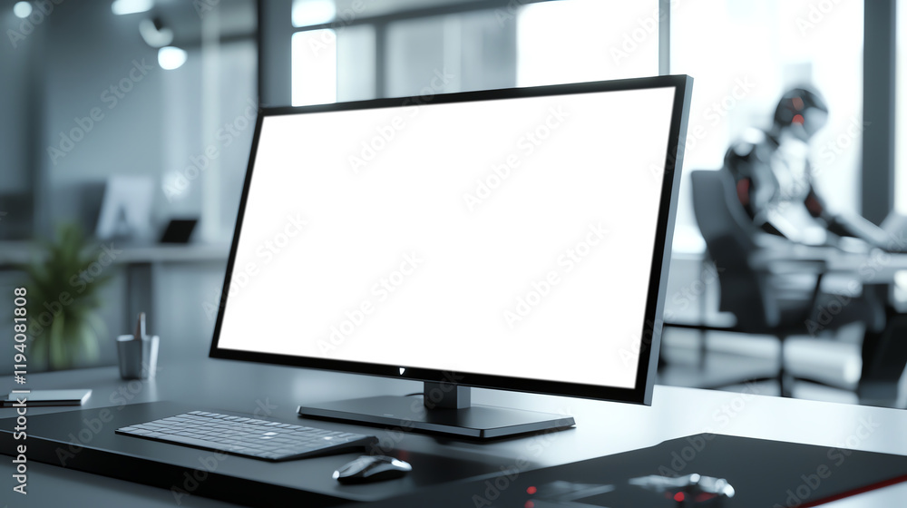 Fototapeta premium Modern office setting with a high-tech computer monitor displaying data analytics and world map on screen, focusing on global trends.