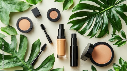 Flatlay of makeup products arranged with tropical leaves on a beige background. photo