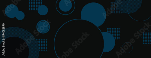 Dark background with teal circles and dots. The background is modern and abstract. Teal color contrasts with the dark background. Abstract geometric circle pattern background vector