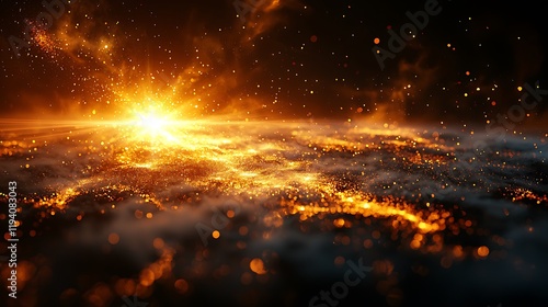Glowing embers and sparks illuminate a dark landscape