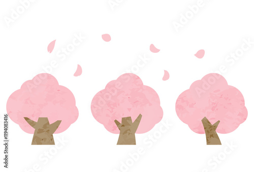 満開の桜の木が並ぶ春の背景イラスト