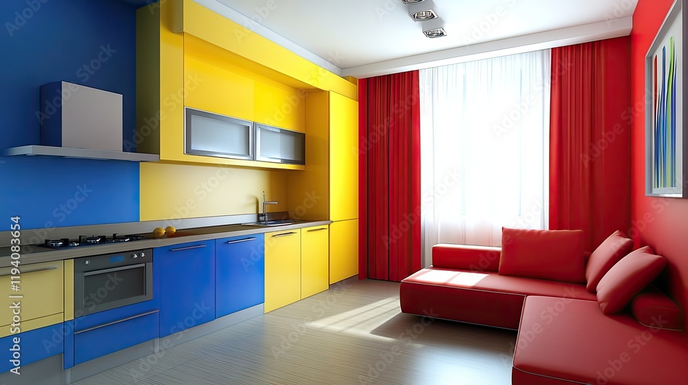 Fototapeta premium A small yet stylish kitchen and living room featuring bold color-blocking and a comfortable couch.