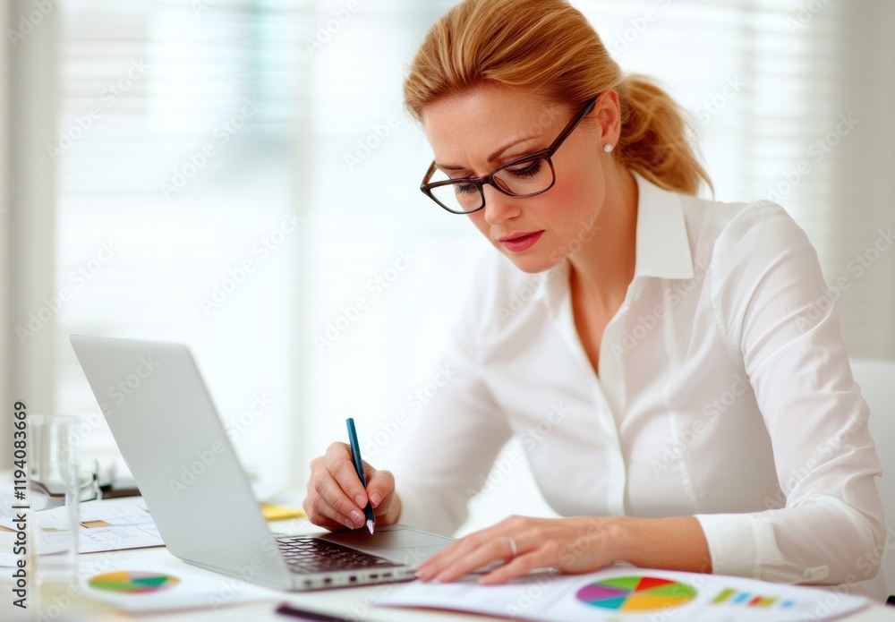 Focused Businesswoman Working on Laptop in Corporate Office Setting Focused Businesswoman Working on Laptop in Corporate Office Setting