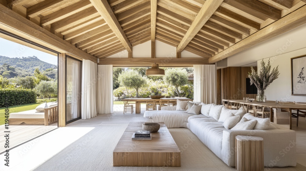 A spacious open-concept living room with a large sofa, a neutral carpet, and natural wood finishes. A spacious open-concept living room with a large sofa, a neutral carpet, and natural wood finishes.