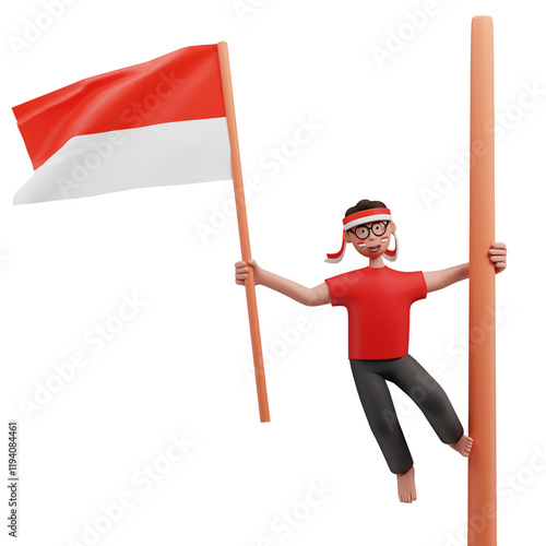 3D Human Holding Indonesian Flag Stick