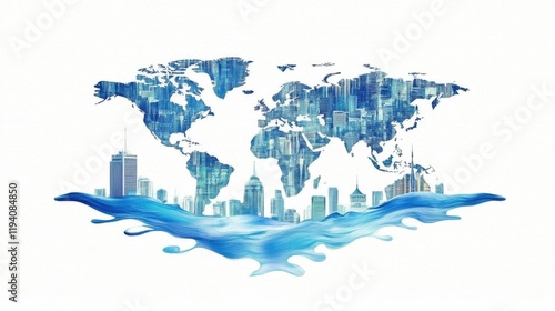 Wallpaper Mural Creative blend of cityscape and world map showcasing urban architecture submerged beneath waves symbolizing environmental impact and global changes Torontodigital.ca