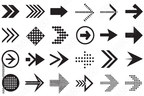 Vector black arrow icons set, including geometric, dotted, and outlined styles for navigation, graphic design, and interface purposes
