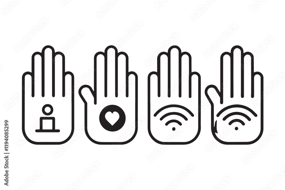 Obraz premium Set of colorful outlined hands with icons, representing technology, communication, healthcare, and connectivity on a white background