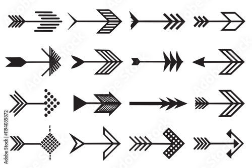 Minimalistic black arrow vector designs showcasing diverse geometric shapes, perfect for creative layouts and modern design concepts