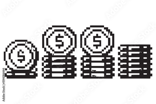 Pixelated gold and silver coin stacks in a classic 8 bit style, representing wealth, savings, or virtual currency concepts