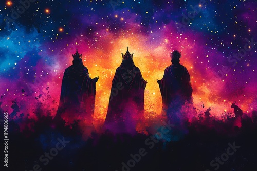 Three Wise Men silhouette under a vibrant cosmic night sky, a depiction of their journey to Bethlehem.