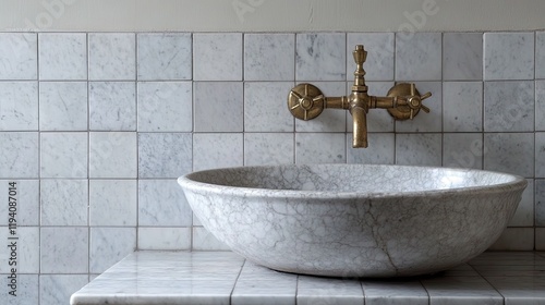 A vintage-style bathroom sink counter with a brass faucet and marble basin. photo