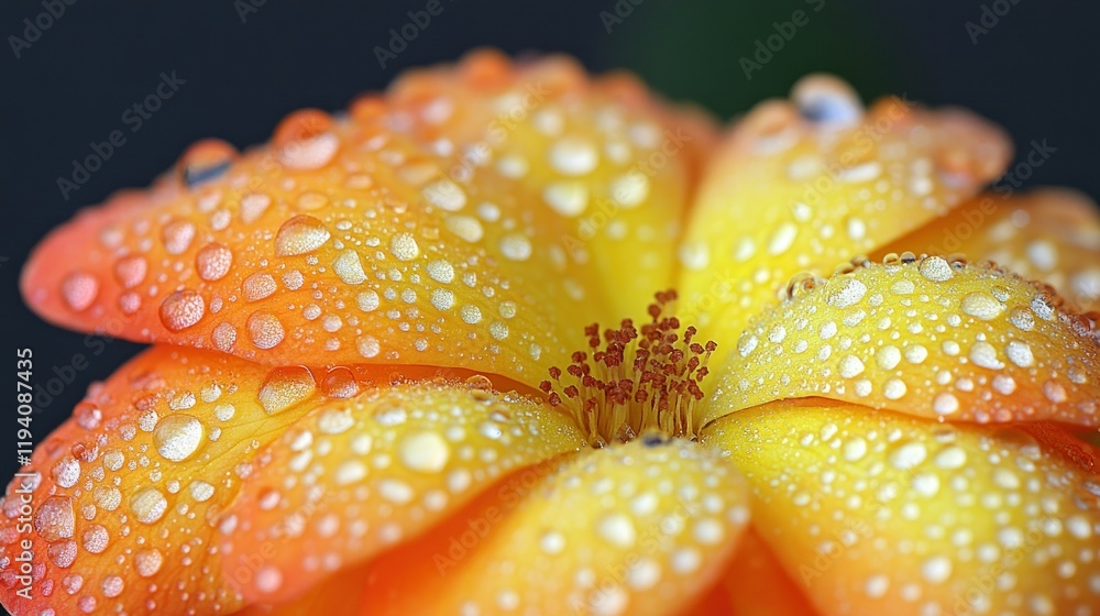 Close-up of an orange flower covered in water droplets. Close-up of an orange flower covered in water droplets.
