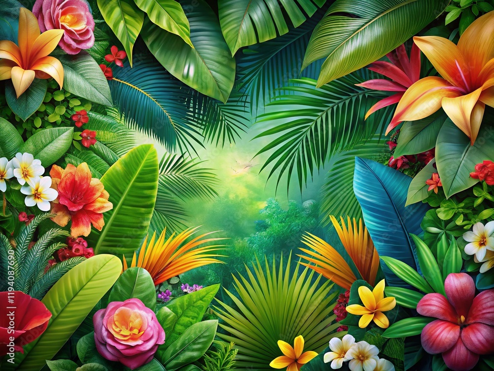 Naklejka premium Lush Tropical Paradise: Vibrant Flowers and Leaves Background with Copy Space