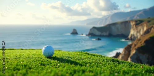 Golf ball teeing on a cliff overlooking the Pacific Ocean, torrey pines, cliff, green