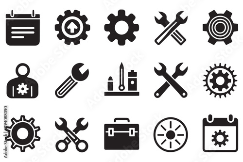 Comprehensive solid icon set with gear symbols, spanners, toolboxes, and mechanical tools, perfect for technology and maintenance themes