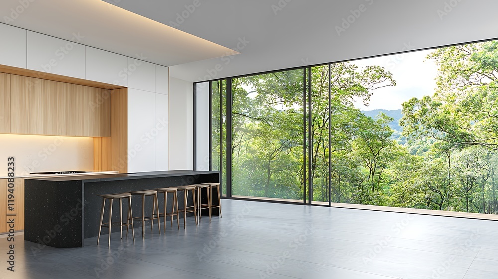 Obraz premium Modern kitchen design with scenic view minimalist style indoor space nature bright atmosphere