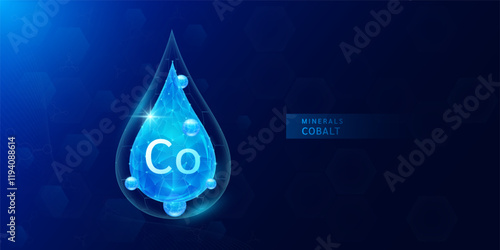 Water drop cobalt minerals with blue polygon atom around. Vitamins complex for health protect and build immunity healthy. Medical scientific concepts. Banner vector illustration.