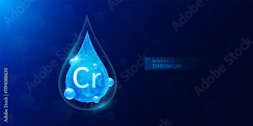 Water drop chromium minerals with blue polygon atom around. Vitamins complex for health protect and build immunity healthy. Medical scientific concepts. Banner vector illustration.