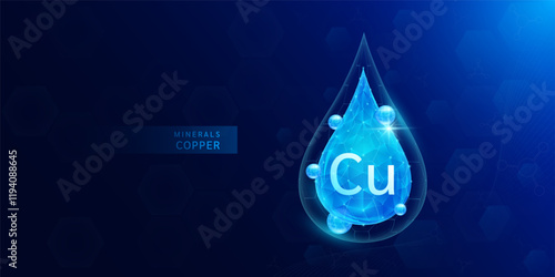 Water drop copper minerals with blue polygon atom around. Vitamins complex for health protect and build immunity healthy. Medical scientific concepts. Banner vector illustration.