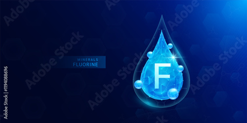 Water drop fluorine minerals with blue polygon atom around. Vitamins complex for health protect and build immunity healthy. Medical scientific concepts. Banner vector illustration.