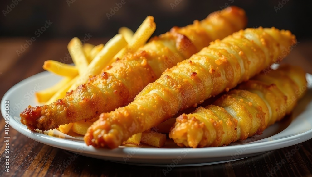 Golden brown French fries and deep-fried fish on a table, side dish, food, deep-fried Golden brown French fries and deep-fried fish on a table, side dish, food, deep-fried