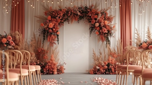 Elegant Coral and Peach Wedding Ceremony Arch with Pampas Grass and Dried Flowers. Romantic and Dreamy Wedding Decor Setup