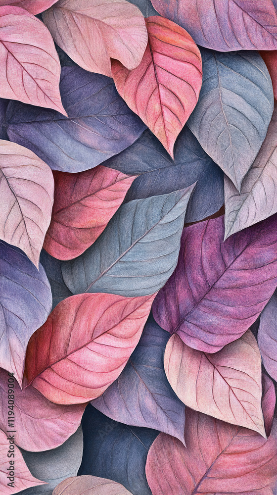 The image features a close-up of various leaves in shades of pink, purple, and blue, creating a colorful and vibrant pattern The image features a close-up of various leaves in shades of pink, purple, and blue, creating a colorful and vibrant pattern