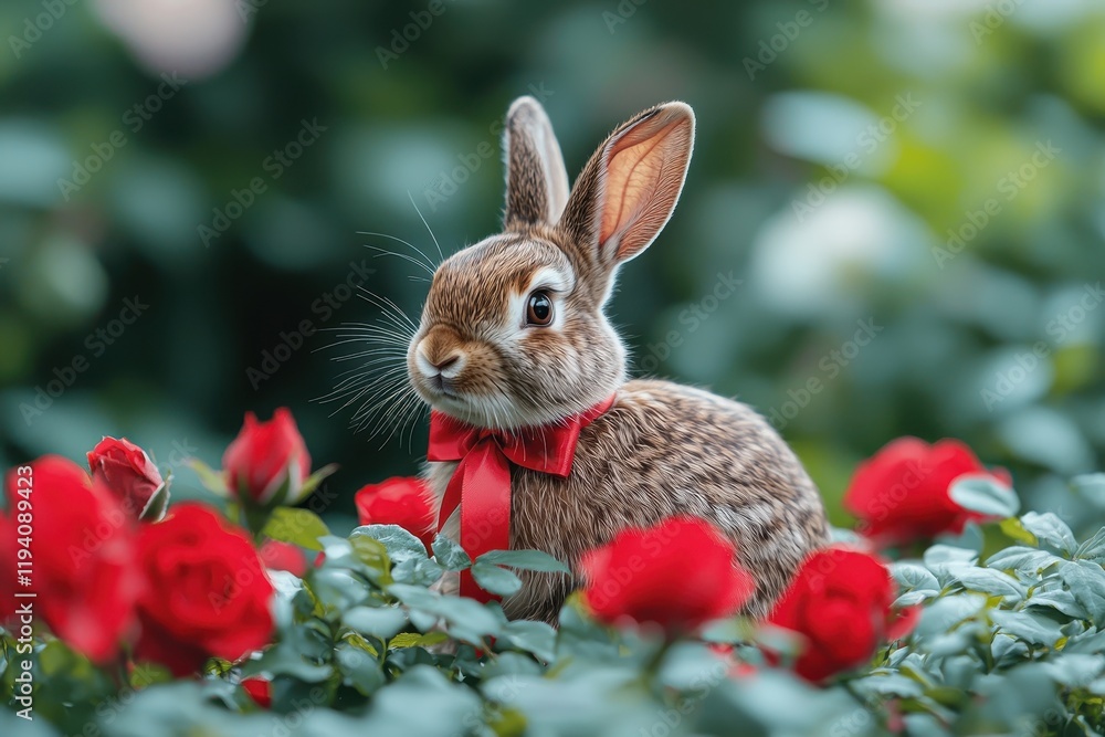 Bunny in meadow with roses and red ribbon Bunny in meadow with roses and red ribbon