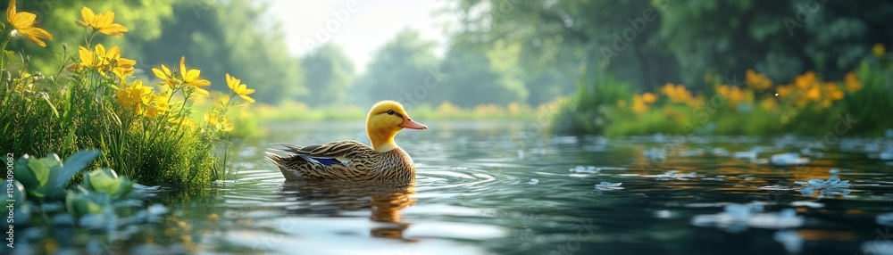 Sustainable wildlife conservation event duck waddling in a green wetland focus on renewable ecosystems and recycling initiatives