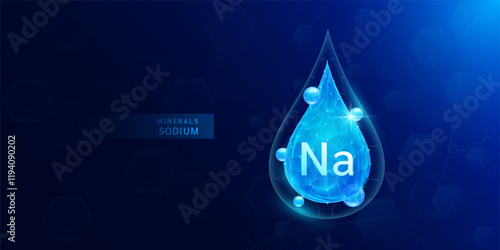 Water drop sodium minerals with blue polygon atom around. Vitamins complex for health protect and build immunity healthy. Medical scientific concepts. Banner vector illustration.