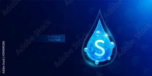 Water drop sulfur minerals with blue polygon atom around. Vitamins complex for health protect and build immunity healthy. Medical scientific concepts. Banner vector illustration.