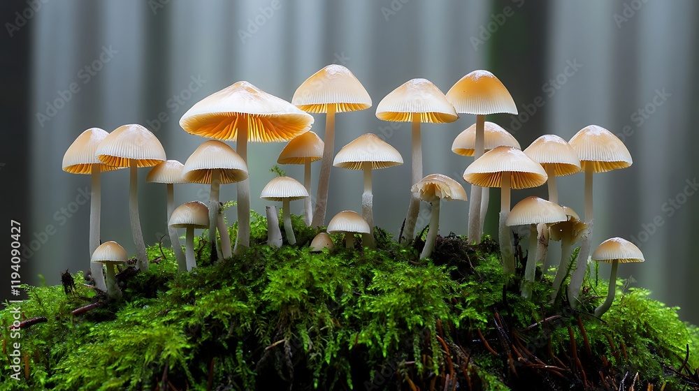 Fototapeta premium Wild Mushrooms Growing on a Moss-Covered Forest Floor in the Heart of Nature’s Woodland Habitat