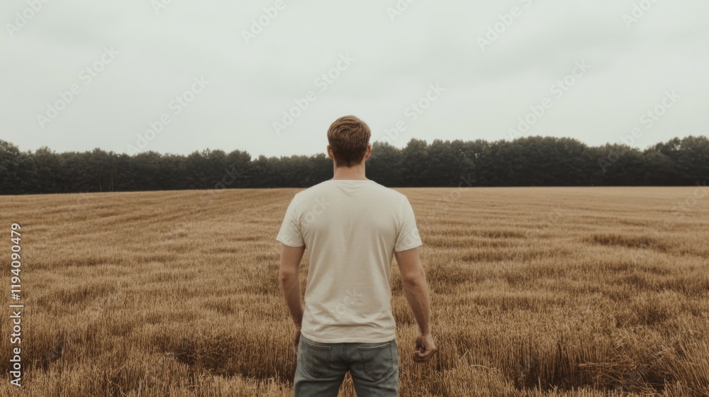 Man standing in a harvested wheat field, looking out at a tree line under an overcast sky. Man standing in a harvested wheat field, looking out at a tree line under an overcast sky.