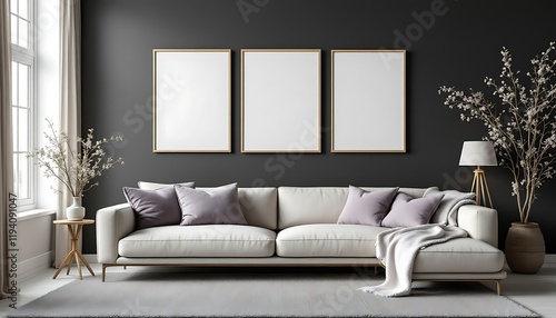 Modern living room interior design, sofa, frames, plants