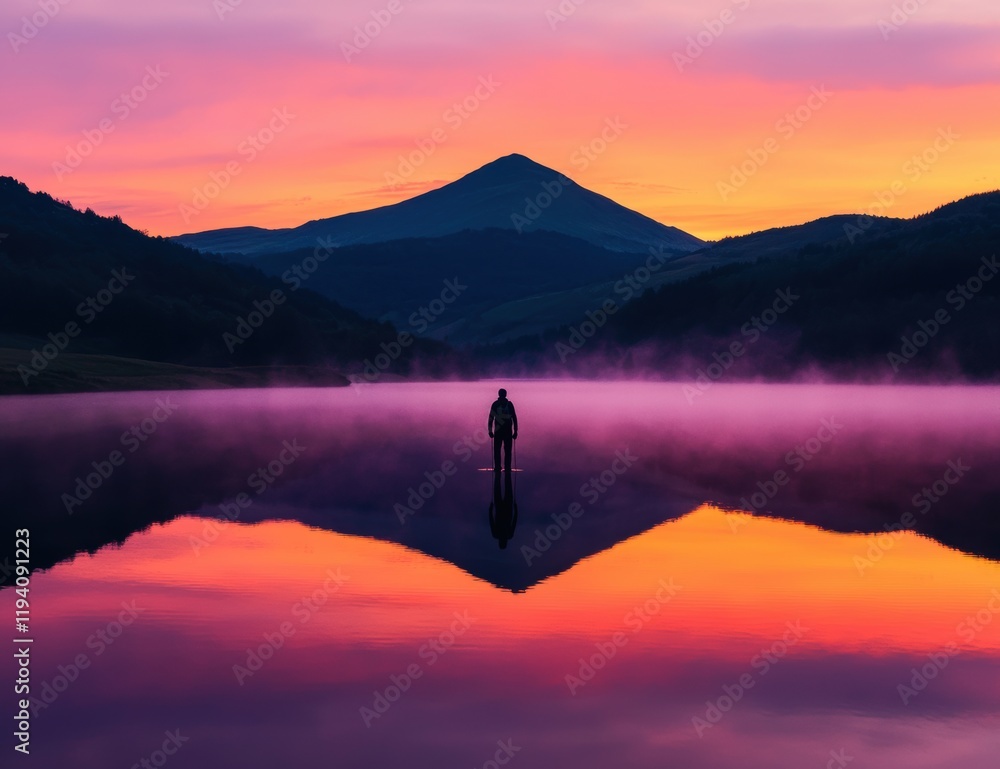Serene Sunset Reflection Over Misty Lake with Silhouette Figure Serene Sunset Reflection Over Misty Lake with Silhouette Figure