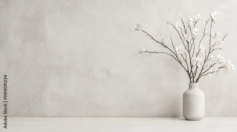 Minimalist gray wall with white flowers in a vase. Minimalist gray wall with white flowers in a vase.