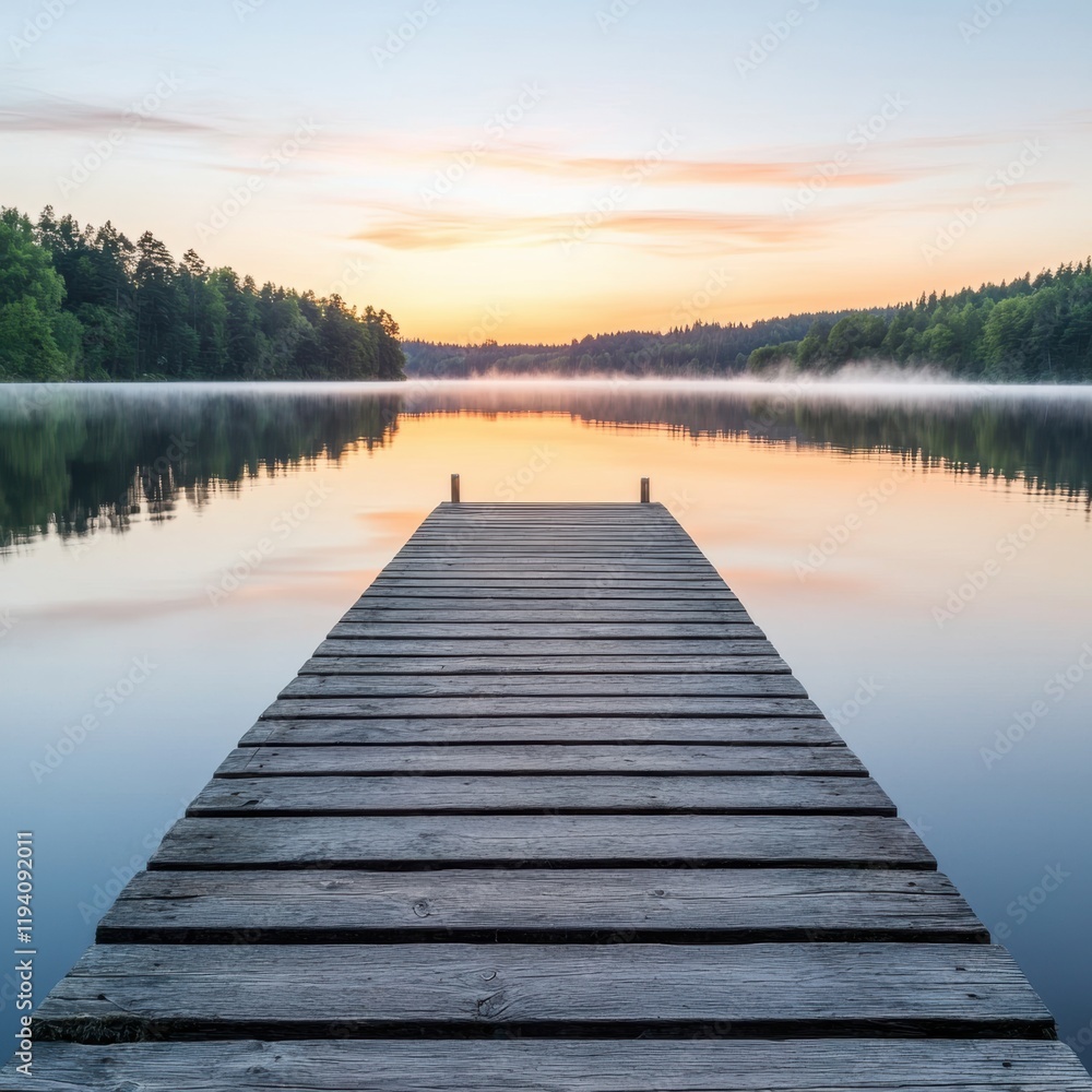Serene Sunset Over Calm Lake Reflected on Wooden Pier Dusk Scene Serene Sunset Over Calm Lake Reflected on Wooden Pier Dusk Scene