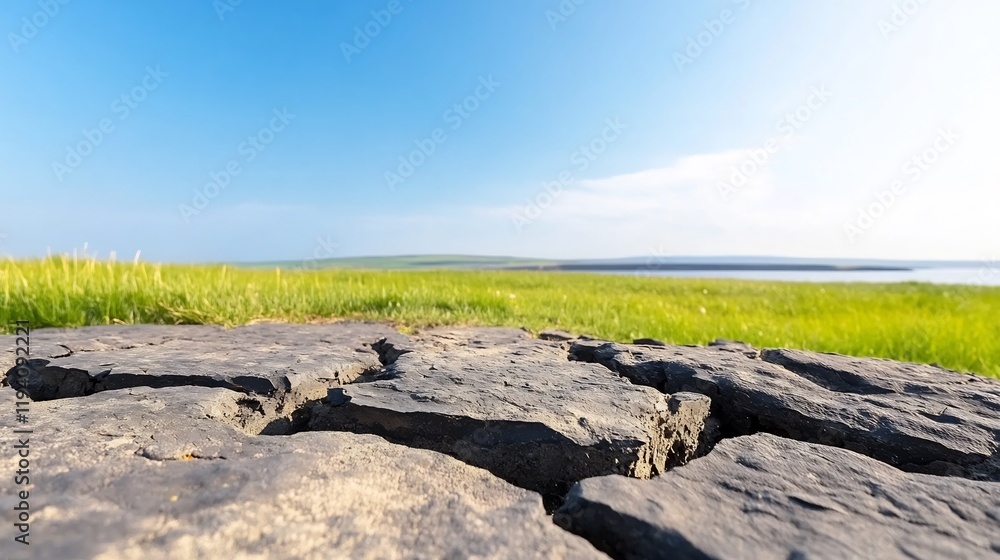 Serene grassy field stretches endlessly under bright sunlight rocky foreground. AI Generated Serene grassy field stretches endlessly under bright sunlight rocky foreground. AI Generated