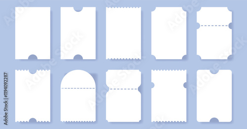 Set of blank ticket template, coupon mockup, empty ticket, sale, boarding, lottery, movie, concert