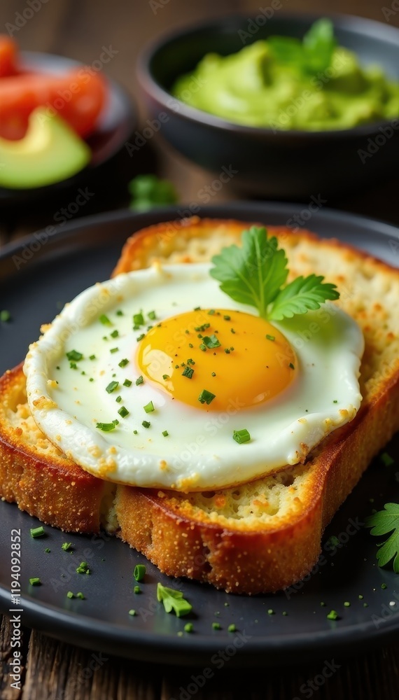Crispy toasted bread topped with a slice of fried egg and guacamole dip in a bowl, breakfast dish, egg top toast, brunch idea Crispy toasted bread topped with a slice of fried egg and guacamole dip in a bowl, breakfast dish, egg top toast, brunch idea