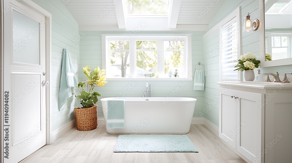Fototapeta premium Modern stylish bathroom design cozy interior photography with bright tranquil atmosphere