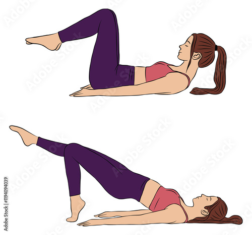 Vector poses of Pilates : Double Leg Lift and Shoulder Bridge. Woman illustration. Pilates exercise. Yoga exercise.