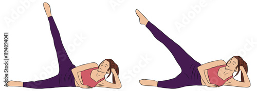 Vector poses of Pilates : Side Lying Leg Lift. Woman illustration. Pilates exercise. Yoga exercise.