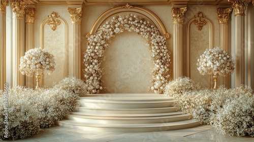 Elegant Wedding Ceremony Arch with Gold Columns and White Flowers. Luxurious and Romantic Wedding Decor, Classic Design, Palace Interior photo