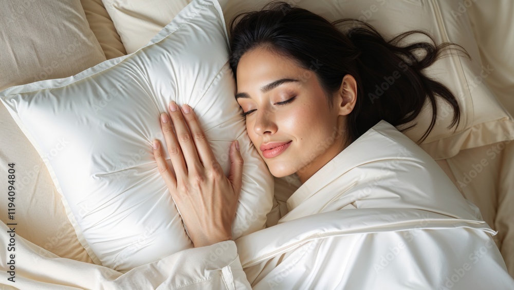 Top view of attractive beautiful young woman sleeping well in bed hugging soft white pillow, teenage girl resting, good night sleep concept. Lady enjoys fresh soft bedding linen and mattress Top view of attractive beautiful young woman sleeping well in bed hugging soft white pillow, teenage girl resting, good night sleep concept. Lady enjoys fresh soft bedding linen and mattress