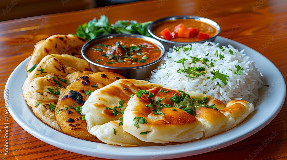 A vibrant platter featuring assorted Indian breads, fragrant basmati rice, and flavorful lentil curry, garnished with fresh cilantro and vegetables. A vibrant platter featuring assorted Indian breads, fragrant basmati rice, and flavorful lentil curry, garnished with fresh cilantro and vegetables.